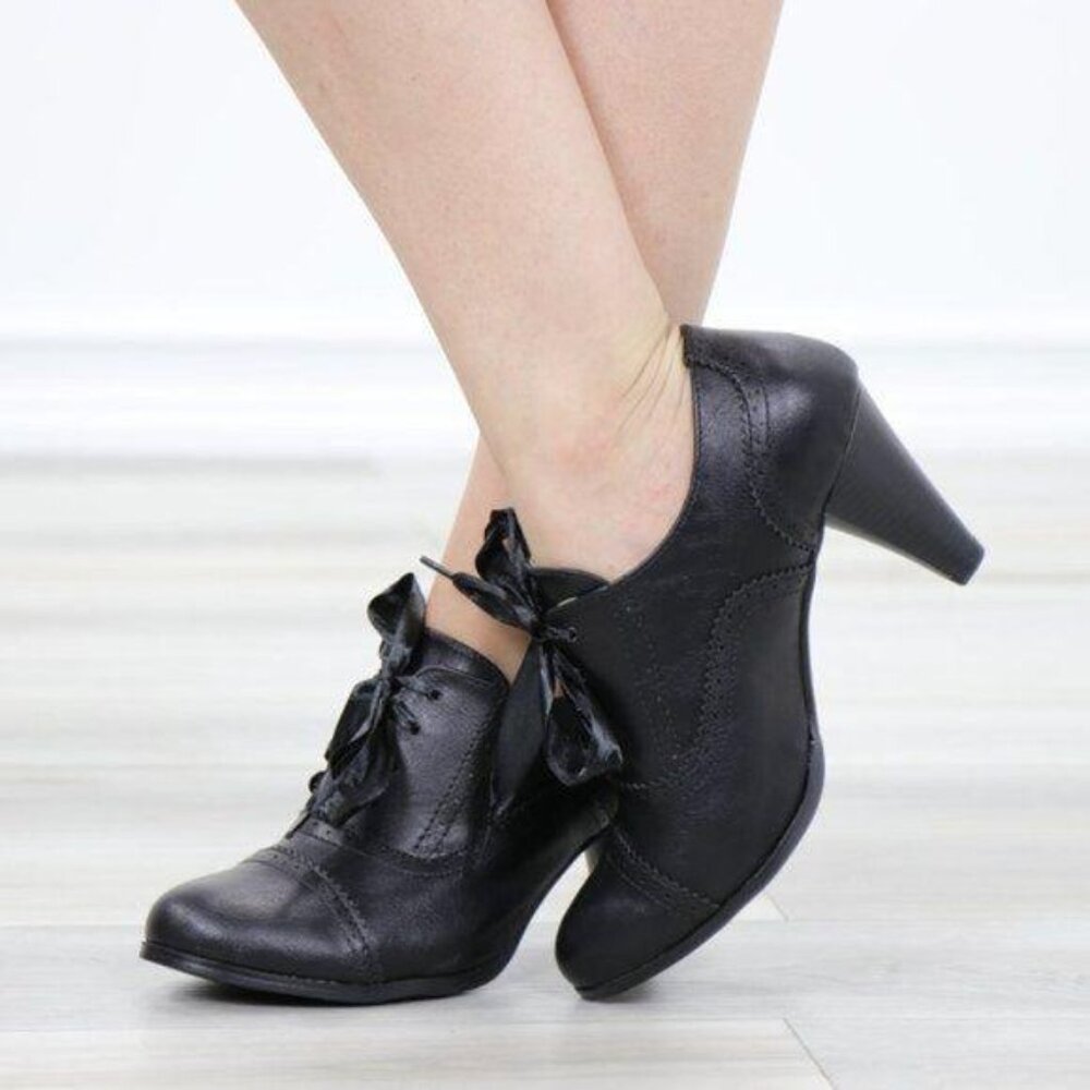 Laced-Up Low Cut Ankle Boots Women's Heeled Oxford - Picture 6 of 15